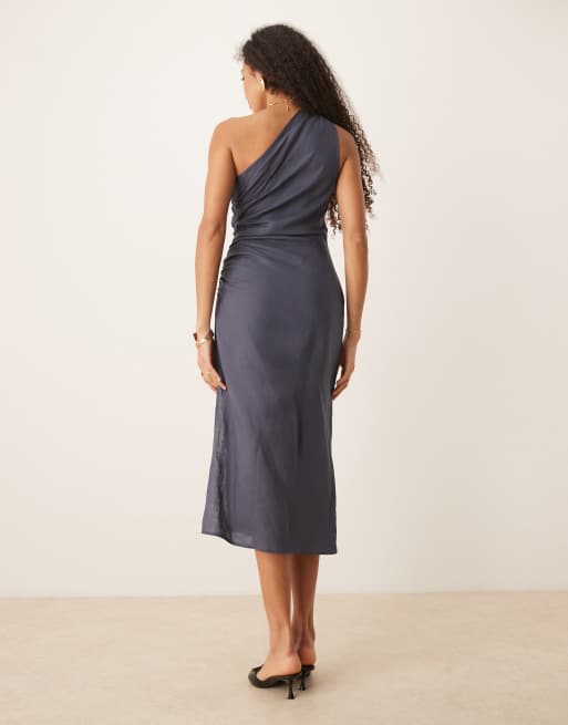 Mango - Robe asymétrique en lin mélangé avec fronces sur le côté - Bleu cendré , 2 de 4