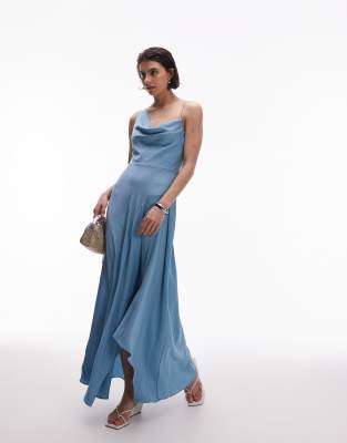 Mango - Robe asymétrique mi-longue satinée - Bleu clair