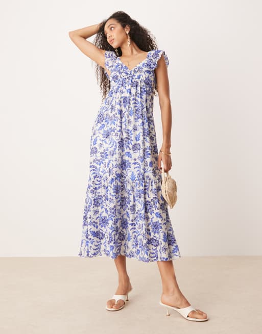 Mango - Robe avec col V à volants et imprimé botanique - Bleu