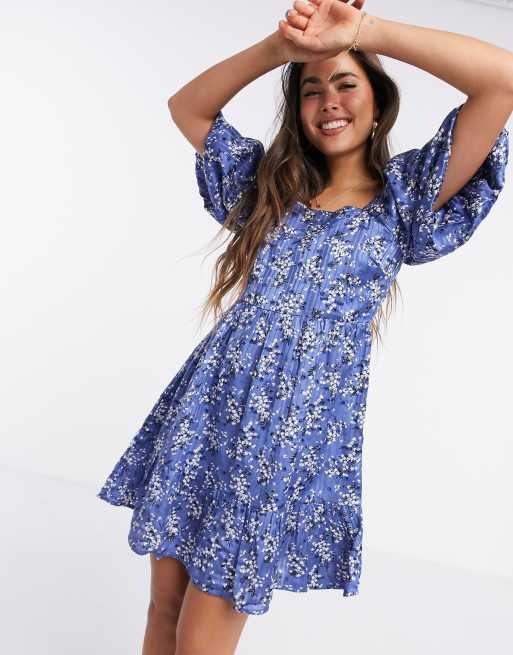 Mango Robe babydoll en broderie anglaise fleurs Bleu