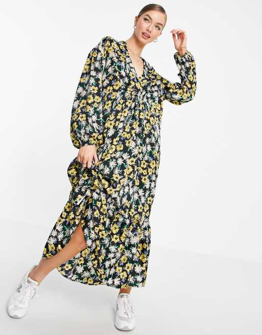 Mango Robe babydoll mi-longue en polyester Noir fleuri BLACK