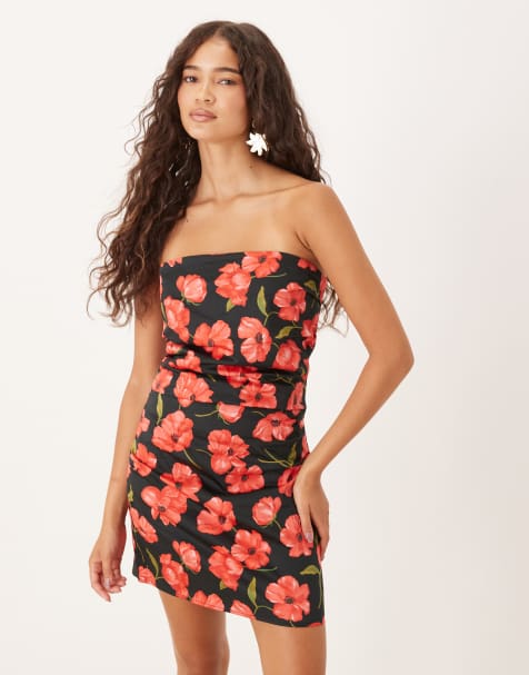 Mango - Robe bandeau courte à fleurs avec fronces sur le côté - Rouge - view 1