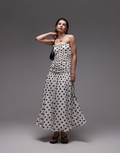 Mango - Robe bandeau longue taille basse à pois avec corsage froncé - Noir et blanc - view 1