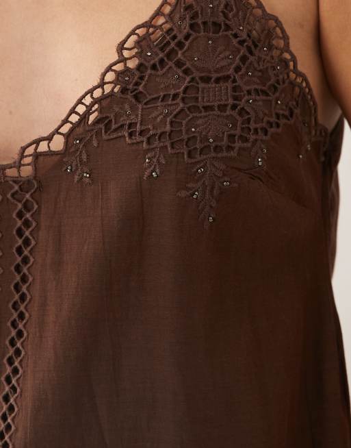 Mango - Robe caraco courte ornementée en coton mélangé - Marron, 4 de 4