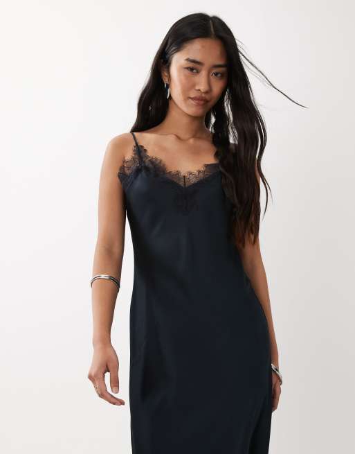 Mango - Robe caraco longue en satin avec bordure en dentelle - Bleu marine, 3 de 4
