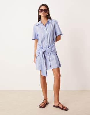 Mango - Robe chemise en coton avec taille nouée - Bleu clair rayé