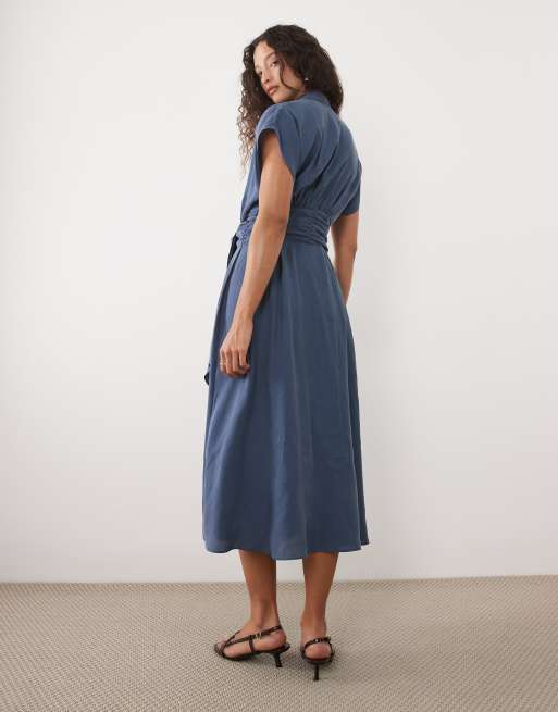 Mango - Robe chemise mi-longue nouée à la taille - Bleu cendré, 4 de 4