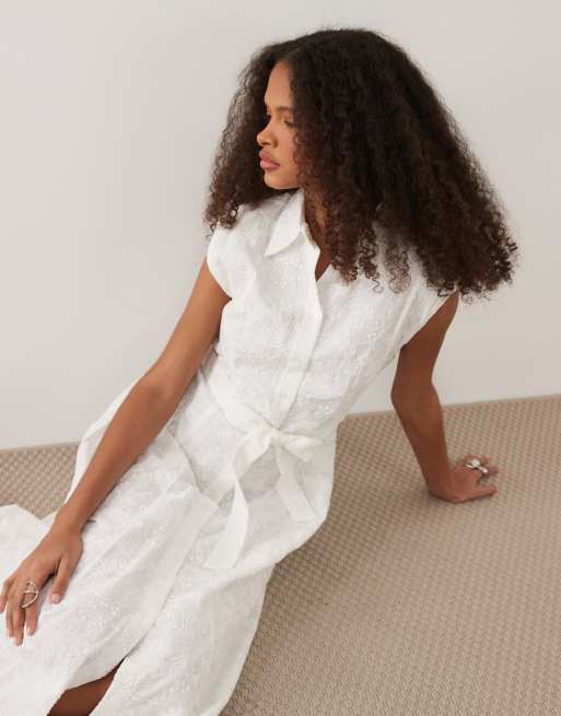 Mango - Robe chemise mi-longue nouée à la taille en pur coton brodé - Blanc, 2 de 4