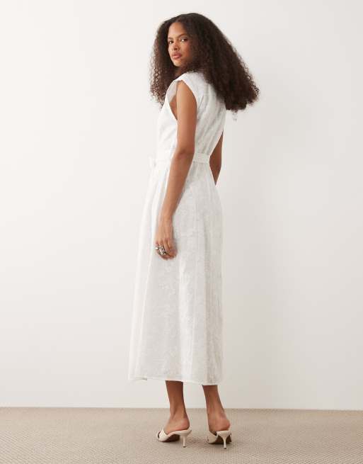 Mango - Robe chemise mi-longue nouée à la taille en pur coton brodé - Blanc, 4 de 4