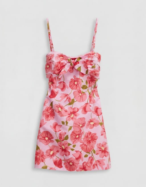 Mango - Robe courte 100 % coton à fleurs avec épaules dénudées et liens sur le devant - Rose vif, 5 de 8