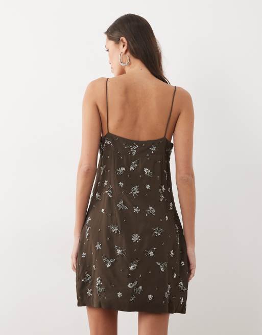 Mango - Robe courte à bretelles ornées de perles - Vert, 4 de 4