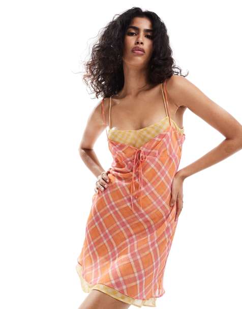 Mango - Robe courte à carreaux avec liens devant - Orange et rose - view 1