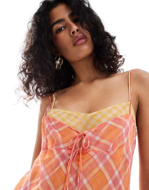 Mango Robe courte a carreaux avec liens devant Orange et rose ASOS