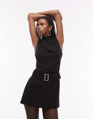 Mango - Robe courte à ceinture et col montant - Noir