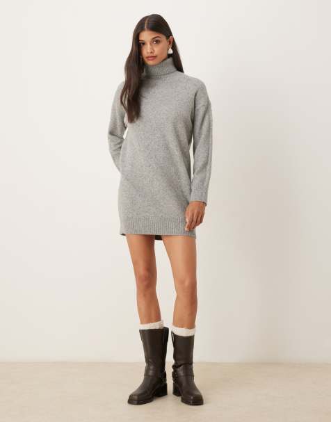 Mango - Robe courte à col roulé en maille - Gris clair - view 1