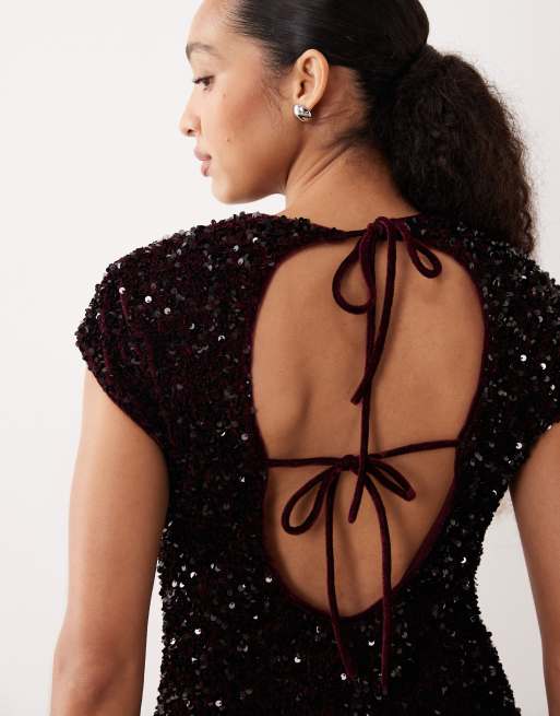 Mango - Robe courte à mancherons ornée de sequins - Bordeaux, 3 de 4