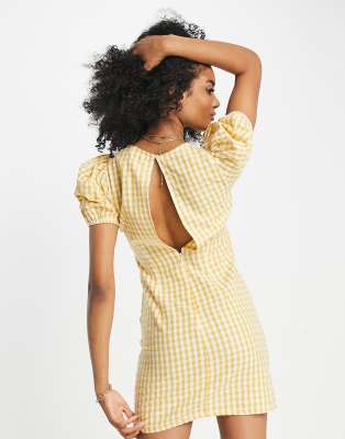 Mango Robe courte manches bouffantes et carreaux Vichy Jaune