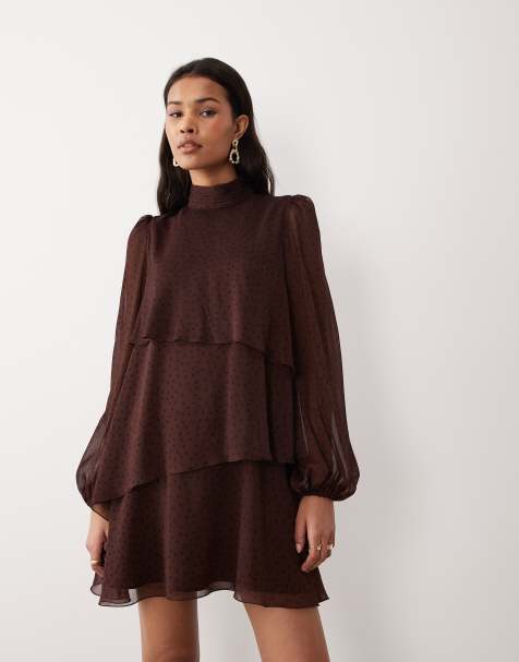 Mango - Robe courte à pois avec col montant et volants - Marron - view 1