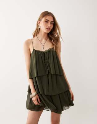 Robe courte à volants - Kaki-Vert S