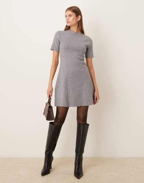 Mango - Robe courte ajustée et évasée à manches courtes - Gris - view 1