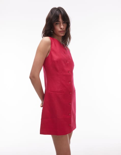 Mango - Robe courte droite boutonnée en lin mélangé - Rouge - view 1