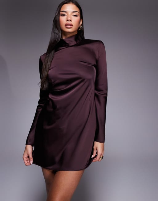 Mango - Robe courte en satin froncée sur le côté à manches longues - Figue, 4 de 4