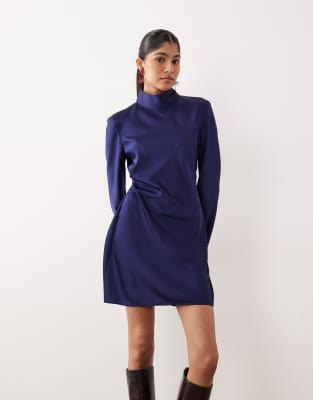 Robe courte en satin froncée sur les côtés avec col montant et manches longues - Bleu électrique XS