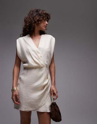 Mango - Robe courte en tissu drapé avec col V et taille cintrée - Beige clair-Neutre