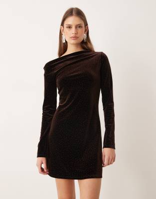 Robe courte en velours ornementé à manches longues - Chocolat-Brown XS