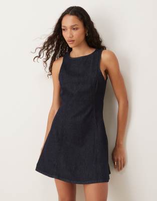 Mango - Robe courte et droite en coton aspect denim - Indigo-Bleu
