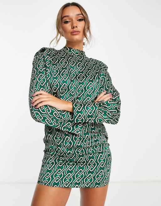 Mango Robe courte imprim e manches longues en satin Vert