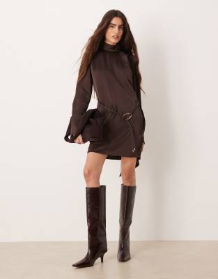 Robe courte nouée autour du cou à manches longues - Chocolat-Brown M