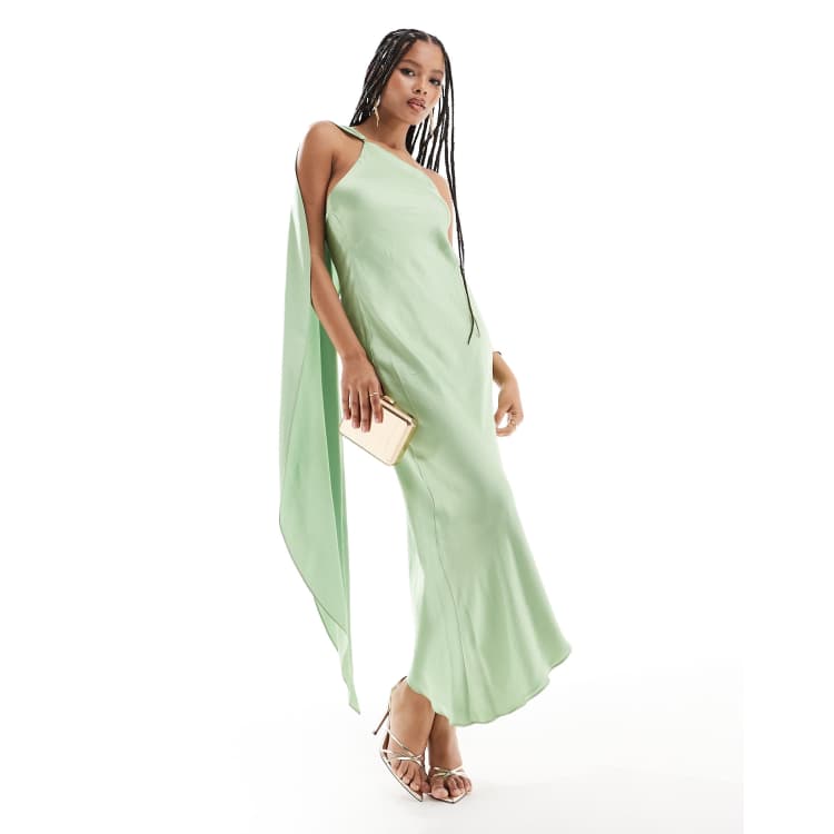 Mango Robe drapee coupe asymetrique mi longue en satin Vert clair ASOS