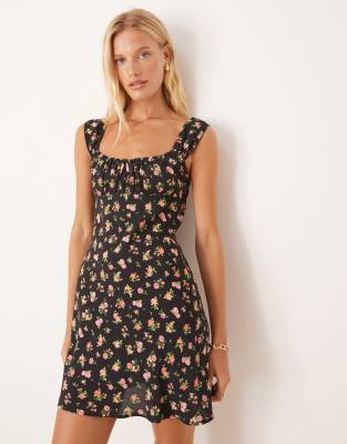 Robe droite courte à encolure carrée et imprimé fleurs-Noir XL