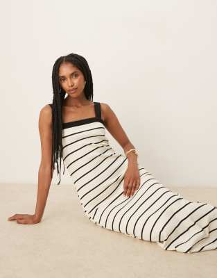 Mango - Robe droite longueur mollet à rayures et encolure carrée - Blanc