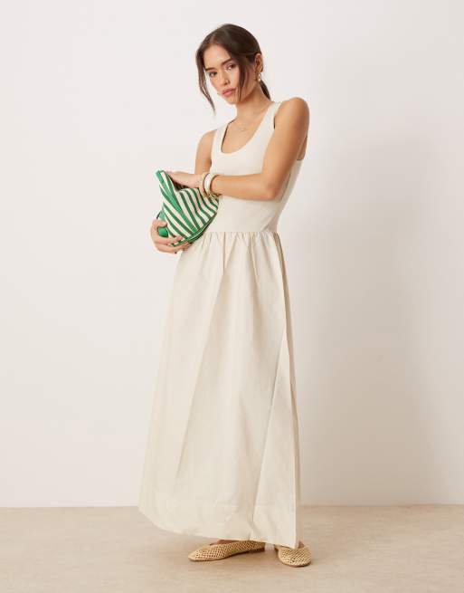 Mango - Robe en maille fine avec taille froncée et corsage contrastant - Écru