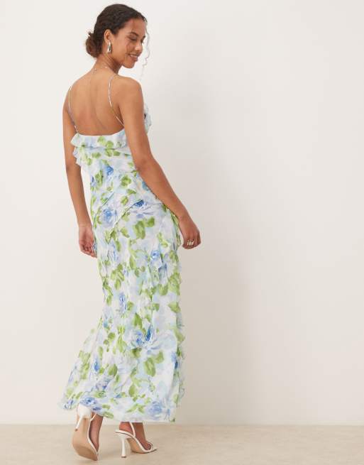 Mango - Robe fendue sur le côté à imprimé végétal avec col V et volants - Bleu pâle, 3 de 4