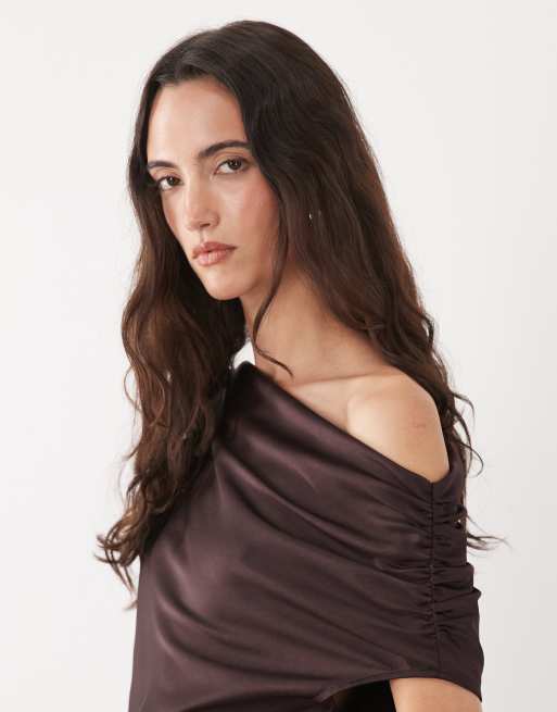 Mango - Robe longue à épaules dénudées et ourlet asymétrique - Chocolat, 3 de 4