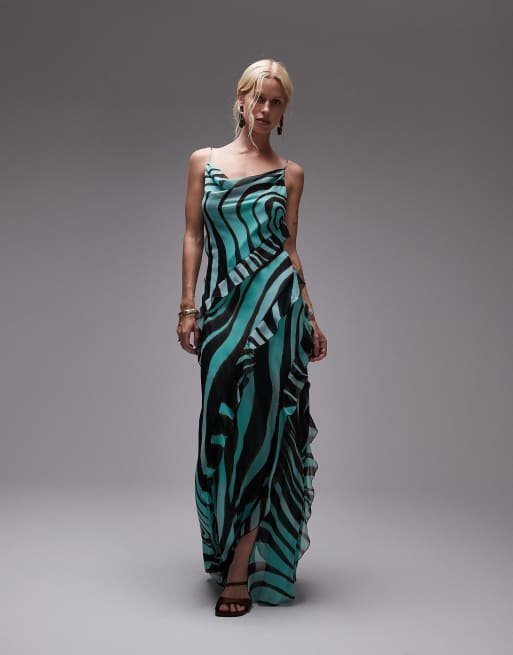 Mango - Robe longue à imprimé zébrures avec col bénitier et bords volantés - Turquoise