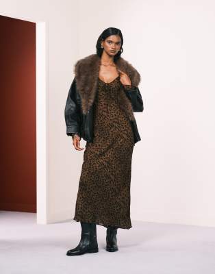 Mango - Robe longue à manches longues et détail noué - Imprimé léopard-Brown