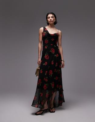 Mango - Robe longue asymétrique à fleurs - Noir