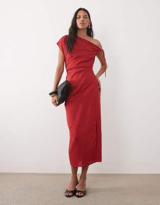 Robe longue asymétrique en lin mélangé - Rouge S