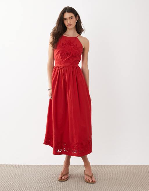 Mango - Robe longue brodée à encolure américaine 100% coton avec dos ouvert - Rouge, 2 de 4