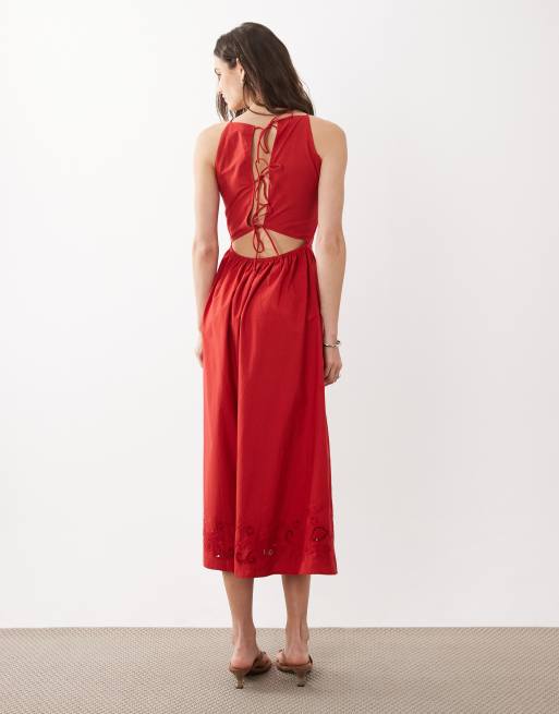 Mango - Robe longue brodée à encolure américaine 100% coton avec dos ouvert - Rouge, 4 de 4