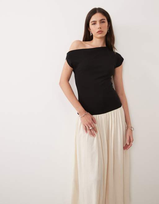 Mango - Robe longue color block asymétrique à taille basse - Noir et taupe
