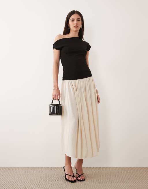 Mango - Robe longue color block asymétrique à taille basse - Noir et taupe, 2 de 4