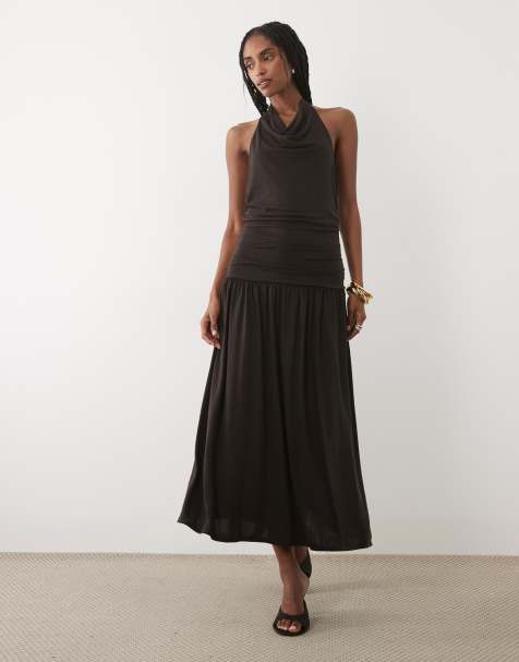 Mango - Robe longue dos nu à col bénitier et taille basse - Marron - view 1