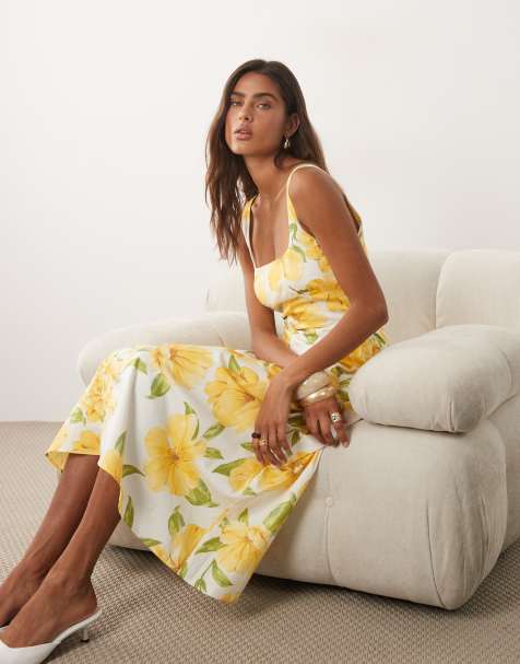 Mango - Robe longue en coton mélangé à encolure dégagée - Jaune fleuri - view 1