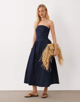 Mango - Robe longue en denim de coton à épaules dénudées - Indigo-Bleu