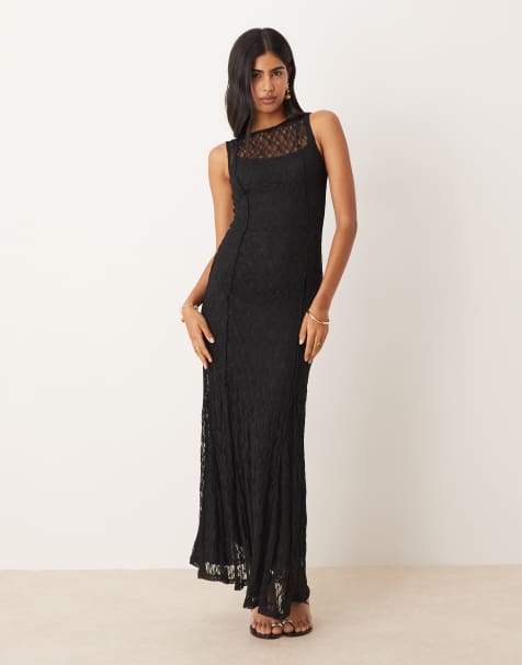 Mango - Robe longue en dentelle à encolure bateau - Noir - view 1